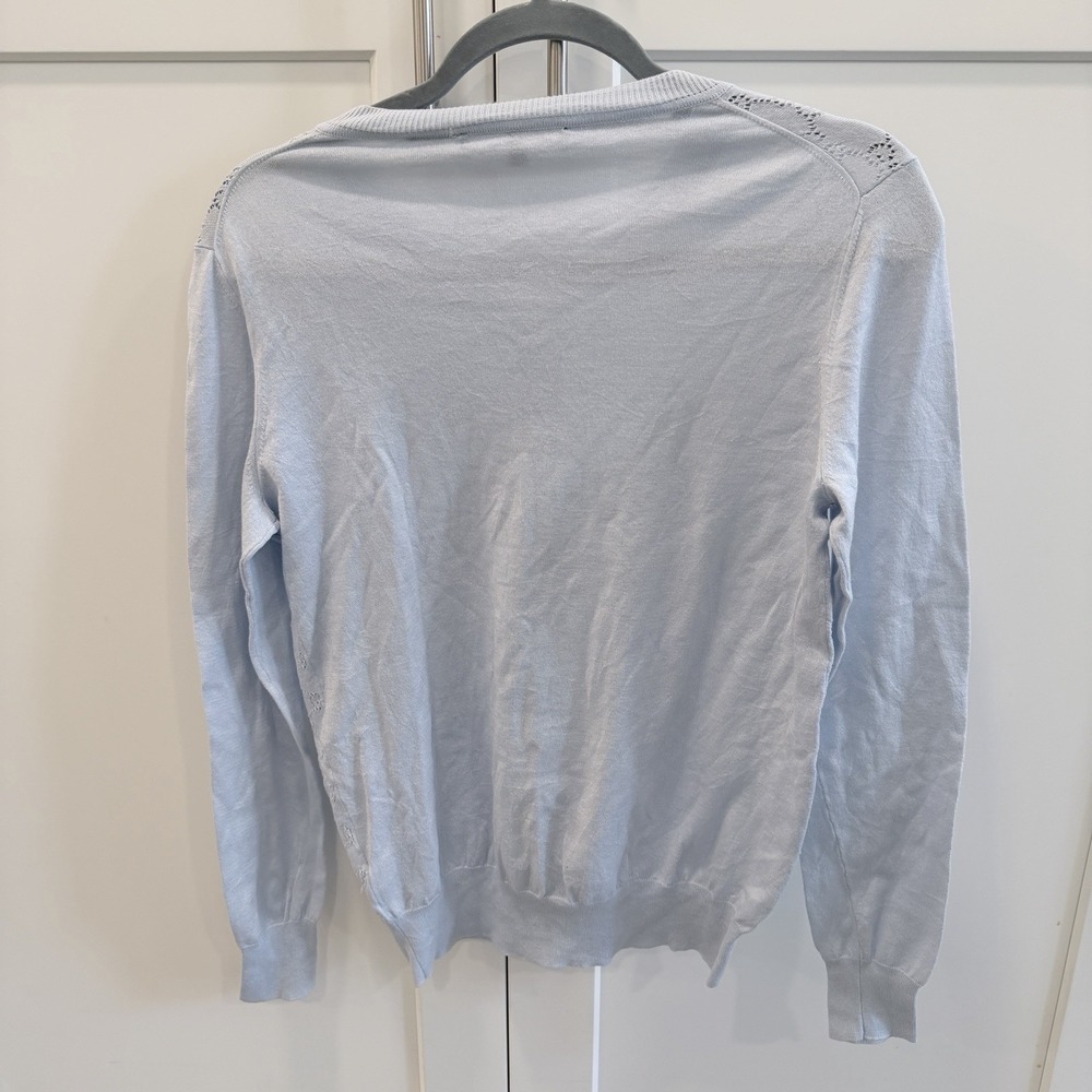 Gucci Womens M Silk Cotton Pointelle Cardigan Light Blue Gold Logo Buttons Italy - Picture 5 of 10